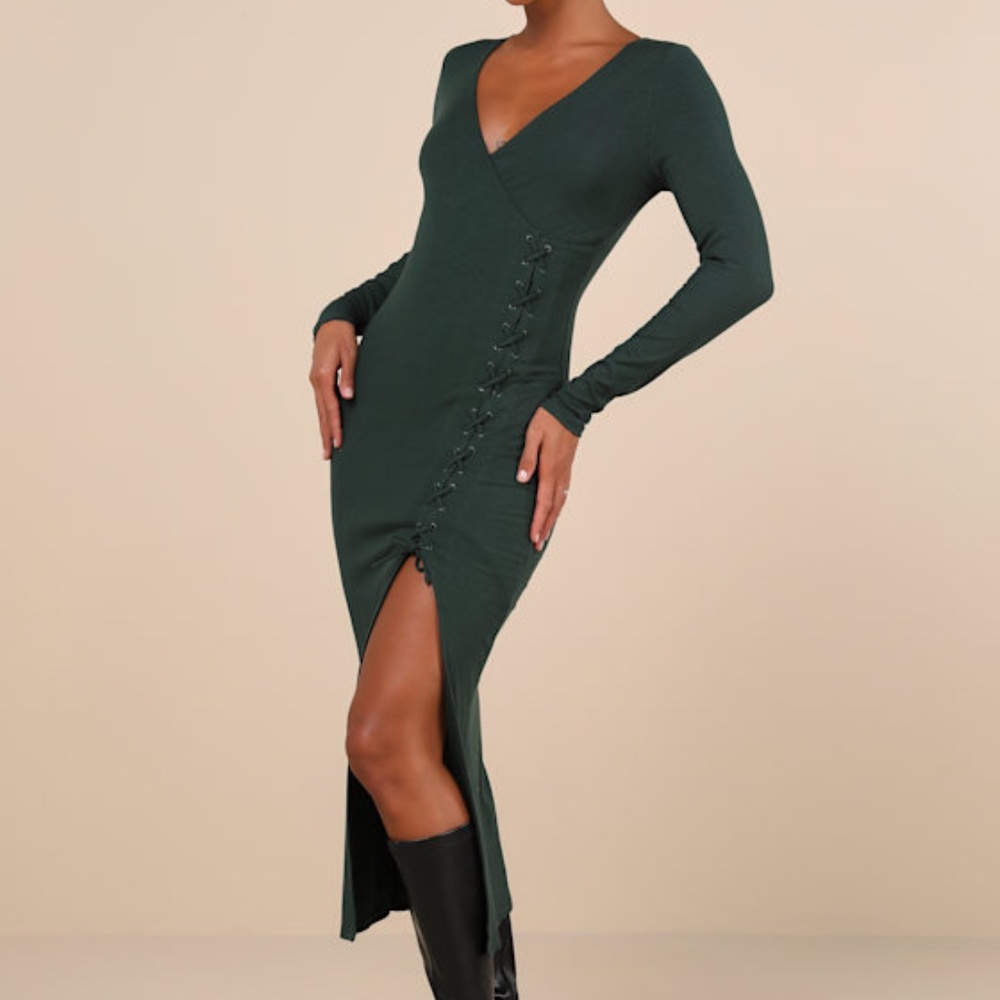 Lulus Trendsetting Desire Green Ribbed Jersey Knit Lace-up Midi Dress - Size M